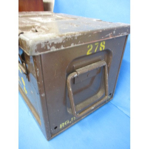 77 - A vintage military steel munitions box, having original stencilled information, in used condition wi... 