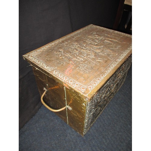 95 - A vintage embossed brass log box, having use-related marks, approx. size 46x31x32cm