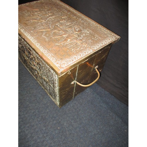 95 - A vintage embossed brass log box, having use-related marks, approx. size 46x31x32cm