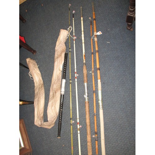 119 - 3 Vintage boat fishing rods, fibreglass and cane, one by Allcock, in used condition with some repair... 