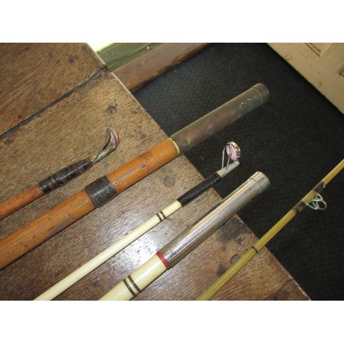 119 - 3 Vintage boat fishing rods, fibreglass and cane, one by Allcock, in used condition with some repair... 