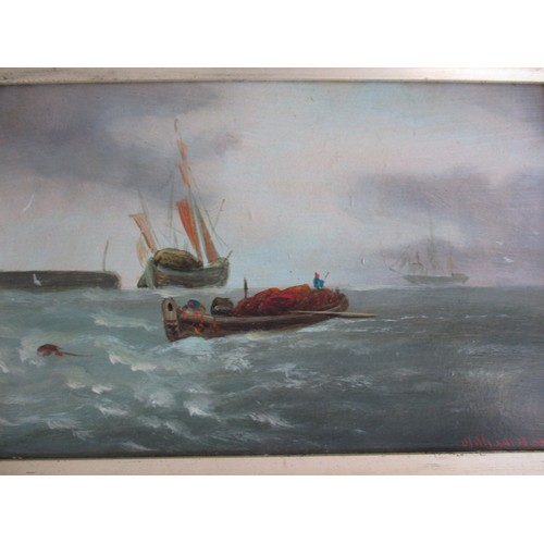 123 - Two vintage seascapes on board, approx. frame size 38x30cm, having general age-related marks