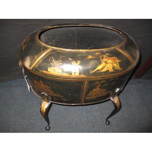 127 - A tin plant stand with black enamel and chinoiserie decoration, approx. height 52cm