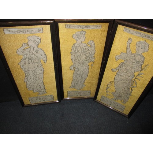 128 - Three vintage hand stitched tapestry panels, approx.  size of each 67x31cm in glazed frames