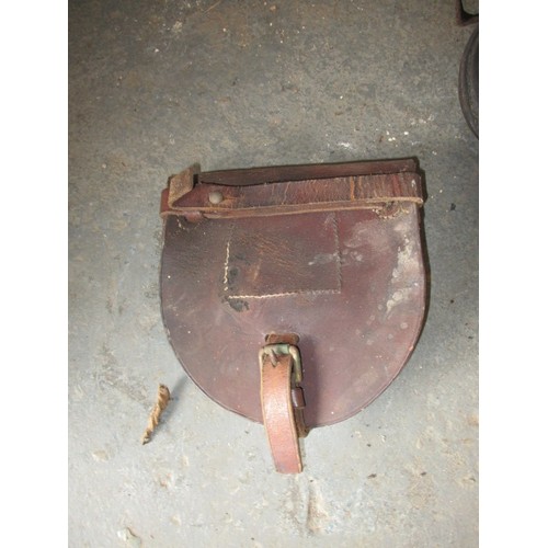 269 - Two sets of antique leather horse shoe lawn protectors, and a spare shoe pouch, in need of a good cl... 