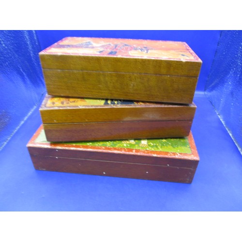 291 - Three 1930s decorative wood boxes, each with hand decoration, approx. size of largest 22x15x5cm all ... 