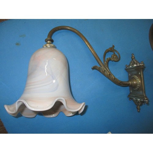 294 - Three vintage brass wall lights, each with glass shade and backing block, in good used condition