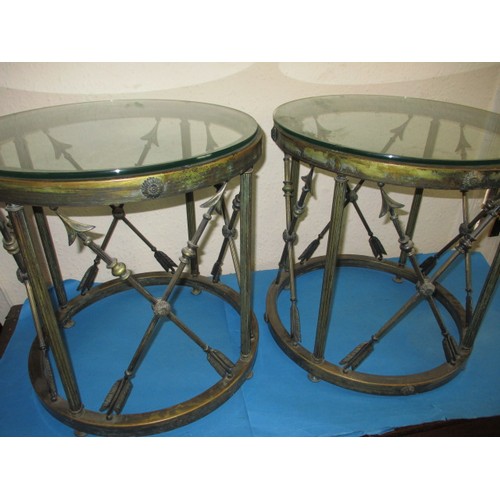 338 - A pair of vintage brass empire style, drum type occasional tables, having reeded pillars intersected... 