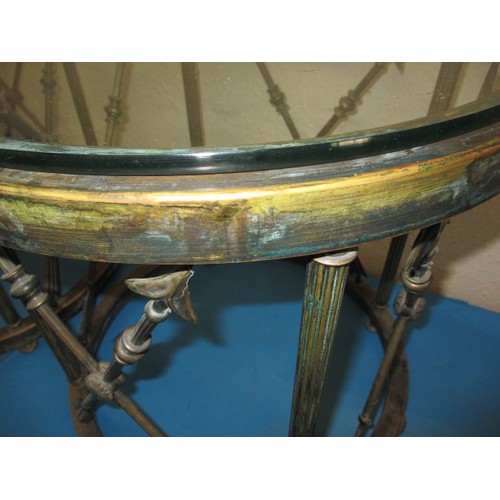 338 - A pair of vintage brass empire style, drum type occasional tables, having reeded pillars intersected... 