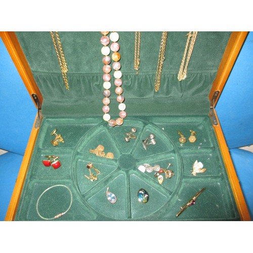 88 - A large wood multi compartment jewellery box, with contents of vintage costume jewellery