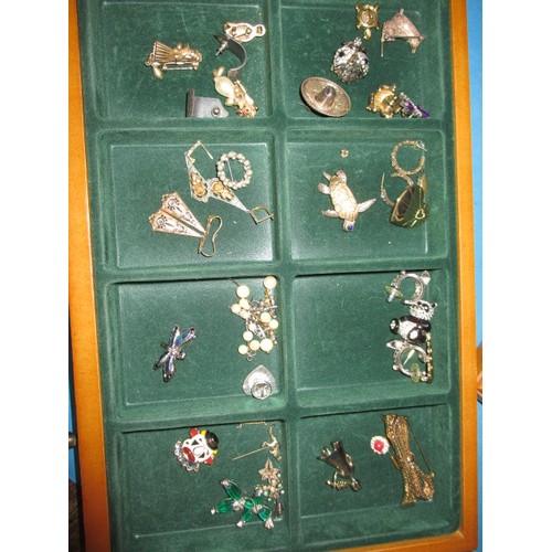 88 - A large wood multi compartment jewellery box, with contents of vintage costume jewellery