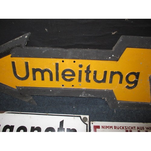 247 - Two vintage German enamel signs and one pressed aluminium diversion sign, all in good vintage condit... 