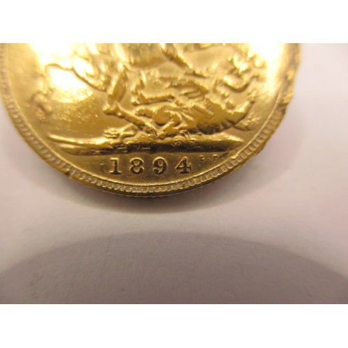 134 - A Victorian full gold sovereign dated 1894, a BV grade coin with reasonable definition of features