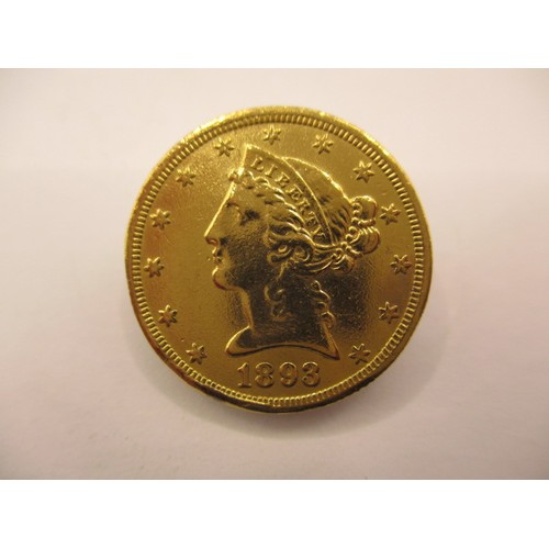 135 - An American gold half eagle dated 1893, approx. weight 8.4g a reasonable grade coin with good defini... 