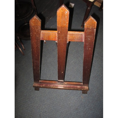 284 - Two vintage wood folding plate stands an easel and a wool winder, all in good used condition