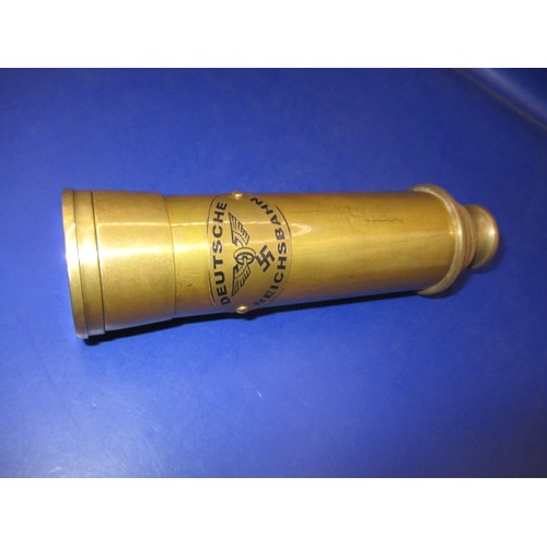 226 - A vintage 3 draw brass telescope, having marks for German railway, in pre-owned condition