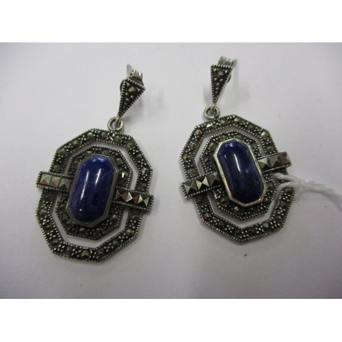 79 - A pair of art deco earrings, on silver with marcasite and lapis embellishment, in good pre-owned con... 