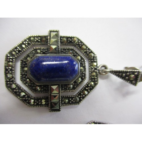 79 - A pair of art deco earrings, on silver with marcasite and lapis embellishment, in good pre-owned con... 