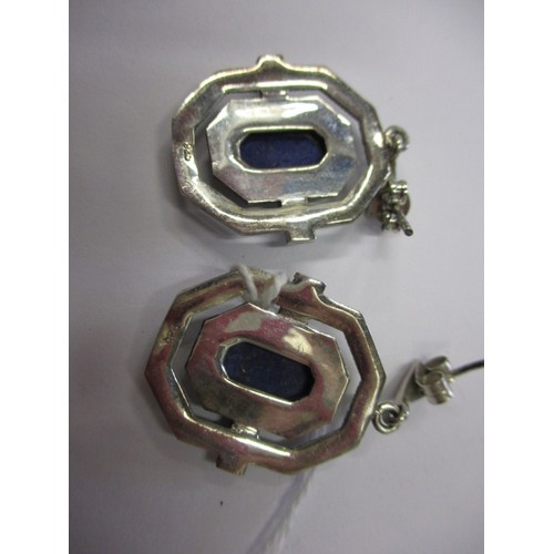 79 - A pair of art deco earrings, on silver with marcasite and lapis embellishment, in good pre-owned con... 