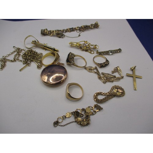 69 - A parcel of gold and yellow metal items, approx. parcel weight 56.3g, one brooch marked for 14ct mos... 