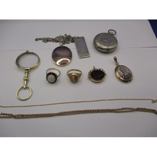 70 - A parcel of antique and later gold, yellow metal, and silver items, to include rings, lockets and a ... 