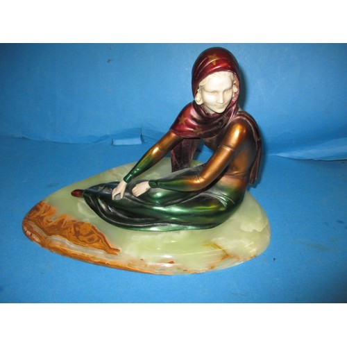 170 - A vintage art deco figure of a seated female, on alabaster base, approx. width 36cm, in good used co... 