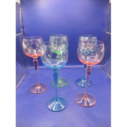 184 - 5 Antique dessert wine glasses, the blue and green examples being uranium glass and fluoresce under ... 