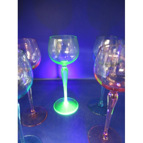 184 - 5 Antique dessert wine glasses, the blue and green examples being uranium glass and fluoresce under ... 