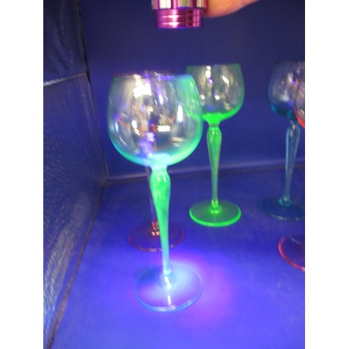 184 - 5 Antique dessert wine glasses, the blue and green examples being uranium glass and fluoresce under ... 