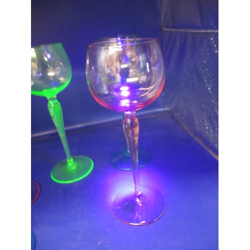 184 - 5 Antique dessert wine glasses, the blue and green examples being uranium glass and fluoresce under ... 