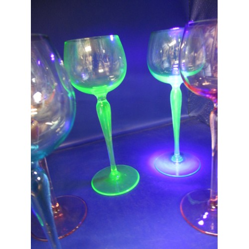 184 - 5 Antique dessert wine glasses, the blue and green examples being uranium glass and fluoresce under ... 