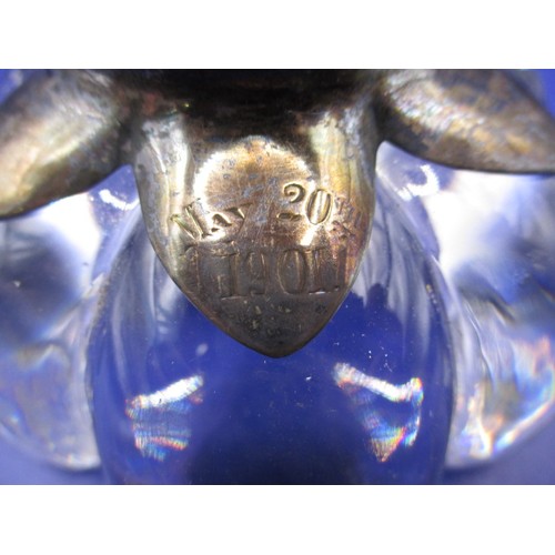 107 - A Victorian silver mounted glass inkwell, in the form of a waterlily, top loose but in near unused c... 