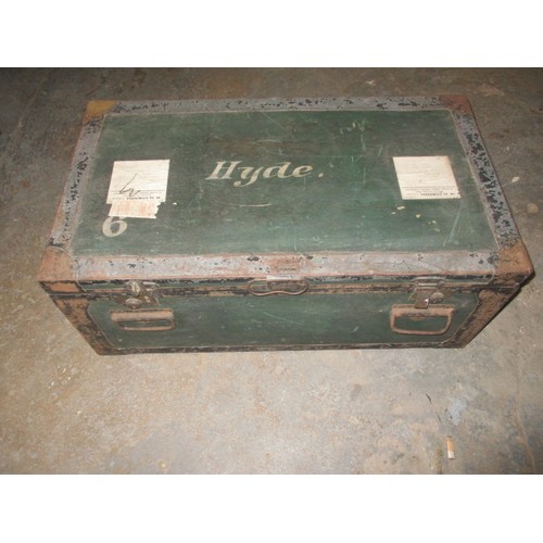 A vintage Army & Navy Co-operative society travel trunk, marked Hyde with address labels, approx. size 83x46x33cm in good used condition
