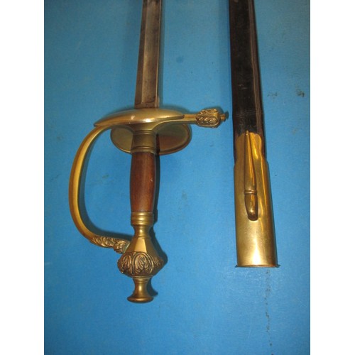 200 - A continental military sword with leather scabbard, approx. length 96cm, in good used condition with... 