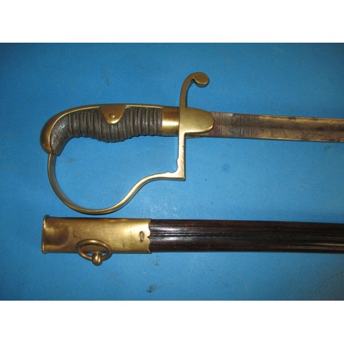 201 - A 19th century military sword with etched blade and leather and brass scabbard, approx. length 87cm,... 