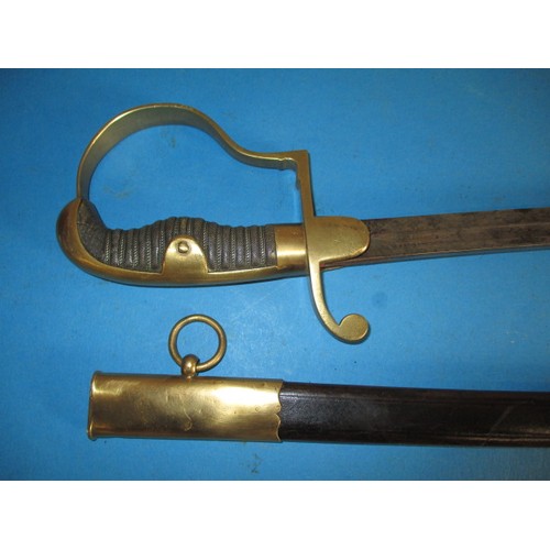 201 - A 19th century military sword with etched blade and leather and brass scabbard, approx. length 87cm,... 