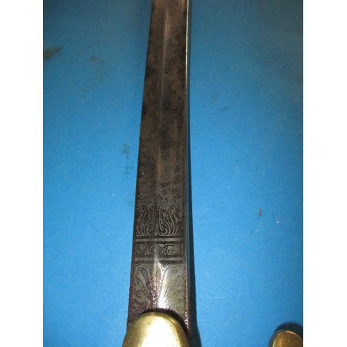 201 - A 19th century military sword with etched blade and leather and brass scabbard, approx. length 87cm,... 