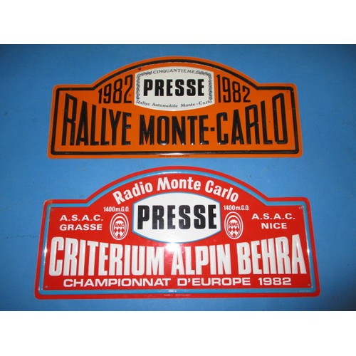 Two genuine rally press reporter plates, both dated 1982, one for the Monte-Carlo rally, both embossed aluminium, approx. width 46cm, in good used condition, from the reporter Steve Fellows vehicle