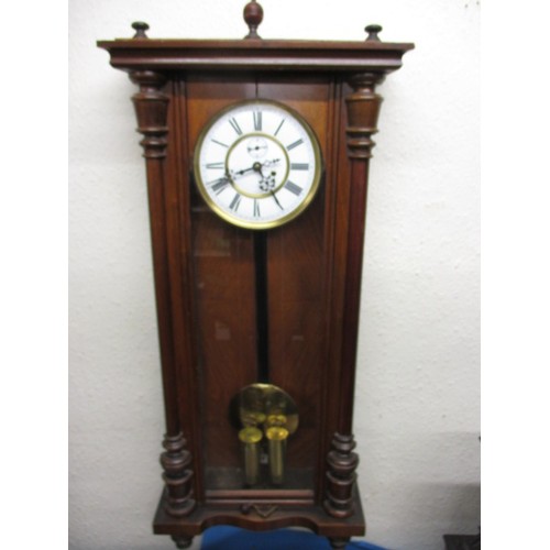 283 - A late 19th century fusee movement Vienna regulator style wall clock, double weight driven, in curre... 