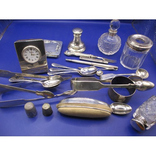 113 - A parcel of silver and white metal items to include a Harrods travel clock, all in used condition