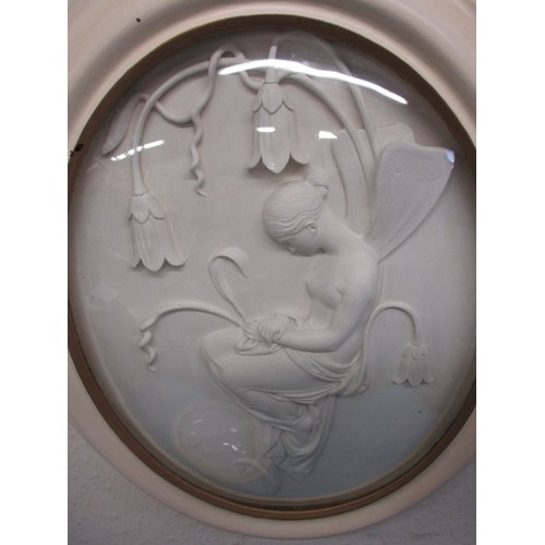 244 - A pair of late 19th century plaster plaques of nymphs/fairies, in original domed glass frames, later... 