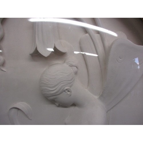 244 - A pair of late 19th century plaster plaques of nymphs/fairies, in original domed glass frames, later... 