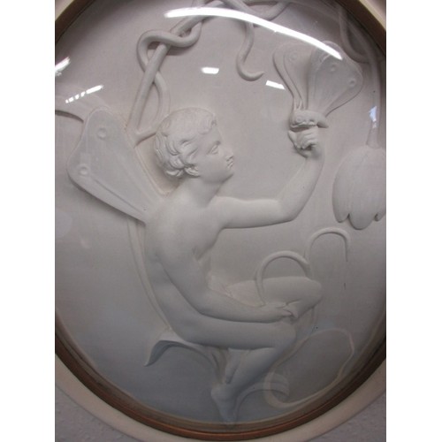 244 - A pair of late 19th century plaster plaques of nymphs/fairies, in original domed glass frames, later... 