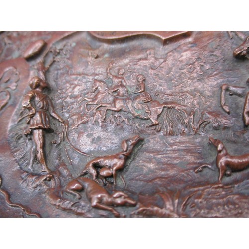 163 - A decorative bronzed metal pedestal Taza, having prolific cast and embossed decoration of royal hunt... 