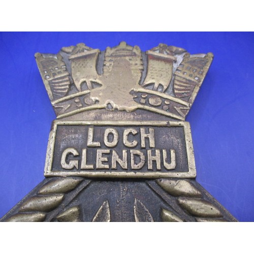 207 - A cast brass ships plaque from HMS Loch Glendhu, approx. height 18 cm, with printed documentation of... 