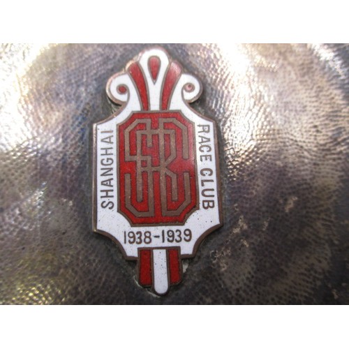 116 - A 1930s silver pin dish with central enamel plaque for Shanghai Race Club, dated 1938-39, in good us... 