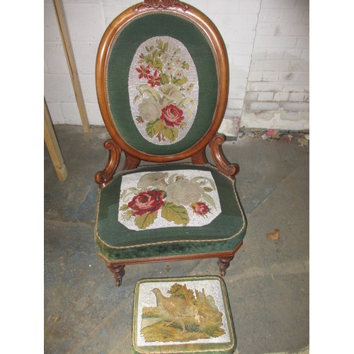 335 - A 19th Century walnut spoonback chair, with floral bead work upholstery and matching foot stool. In ... 