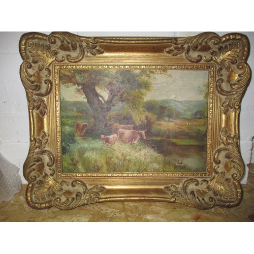 239 - A 19th Century oil landscape of a bovine scene. Signed lower left C.N Miller. In period gilt frame. ... 