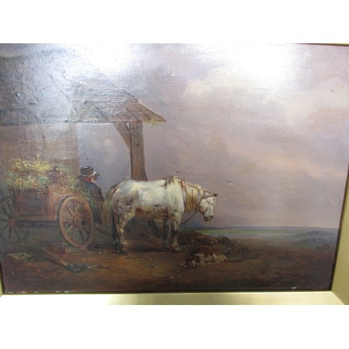 240 - A 19th Century oil on board horse and cart painting, unsigned. In later gilt frame, approx. image si... 