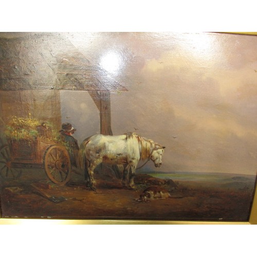 240 - A 19th Century oil on board horse and cart painting, unsigned. In later gilt frame, approx. image si... 